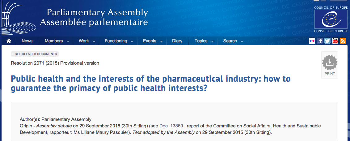 La Asamblea Parlamentaria del Consejo de Europa pide medidas para luchar contra la corrupción de la industria farmacéutica
